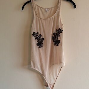 Frederick's of Hollywood Cream Bodysuit with Black Floral Accents